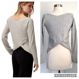 Babaton Kitano Ribbed Wool Blend Cross Back Sweater Boat Neck Heather Light Grey